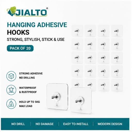 JIALTO Wall Hooks for Hanging Strong, Adhesive Hooks for Wall Heavy Duty, Wall hangings, Kitchen Accessories Items, Sticky Photo Frame Hangers (Pack of 20, Nail Hook)