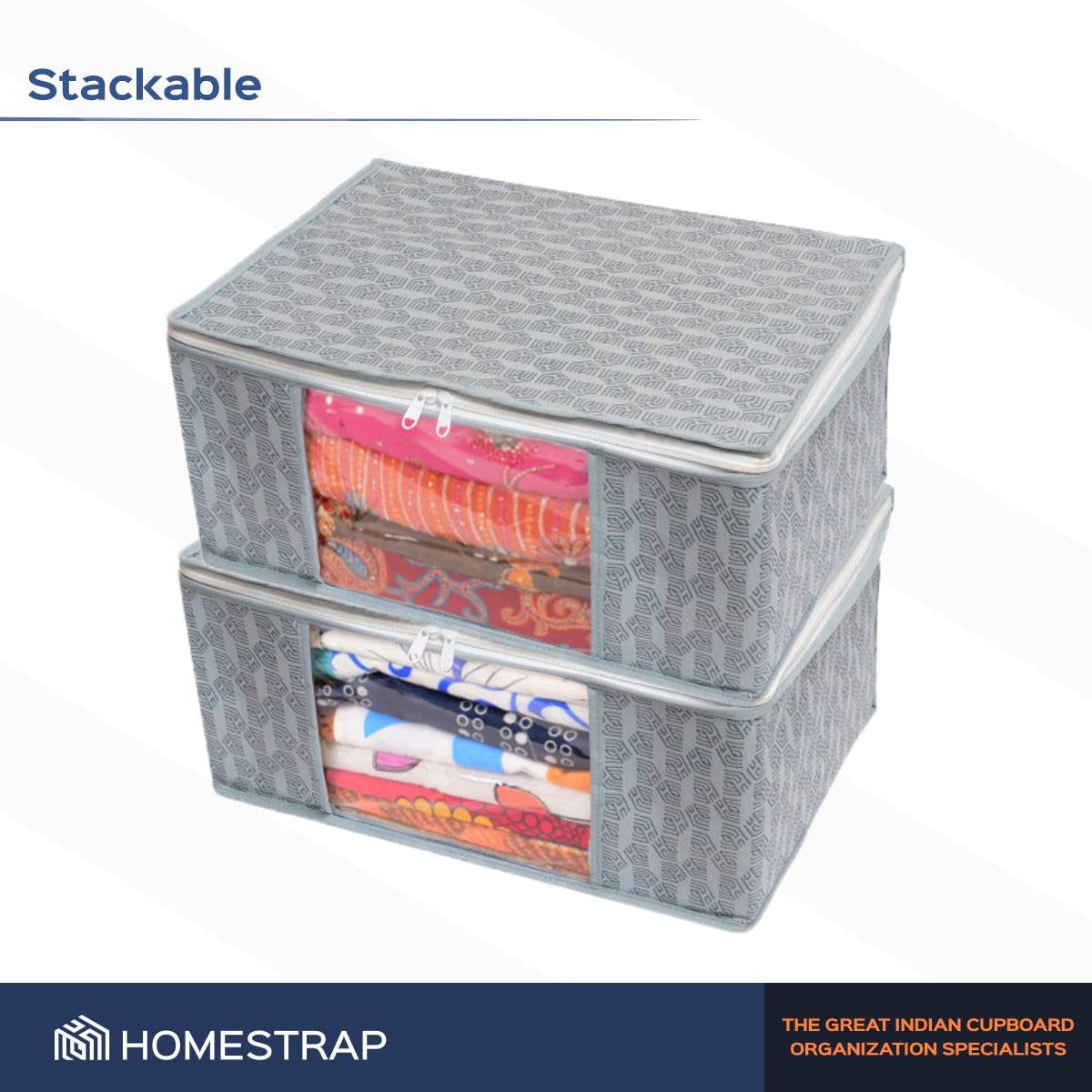 Homestrap Set of 6 Non-Woven Printed Saree Cover/Cloth Storage/Wardrobe Organizer For Clothes with Transparent Window (Grey)(Shark Tank Featured) 45cmx33cmx22cm
