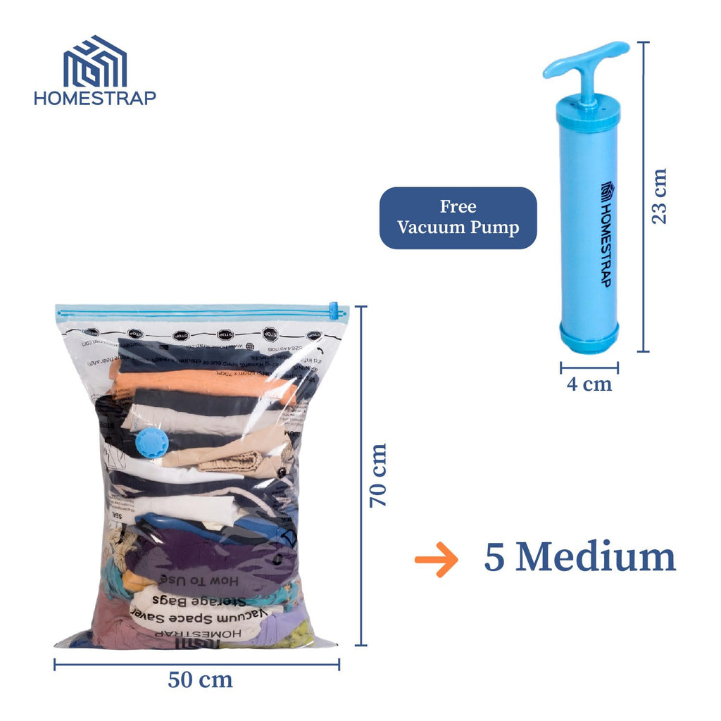 HomeStrap Vacuum Storage Bags with Pump Pack of 5 (Large)| Airtight and Reusable Space Saver Double Ziplock Compression Bags with Vacuum Pump|Creates 4x More Space for Clothes, Winterwear, Blankets