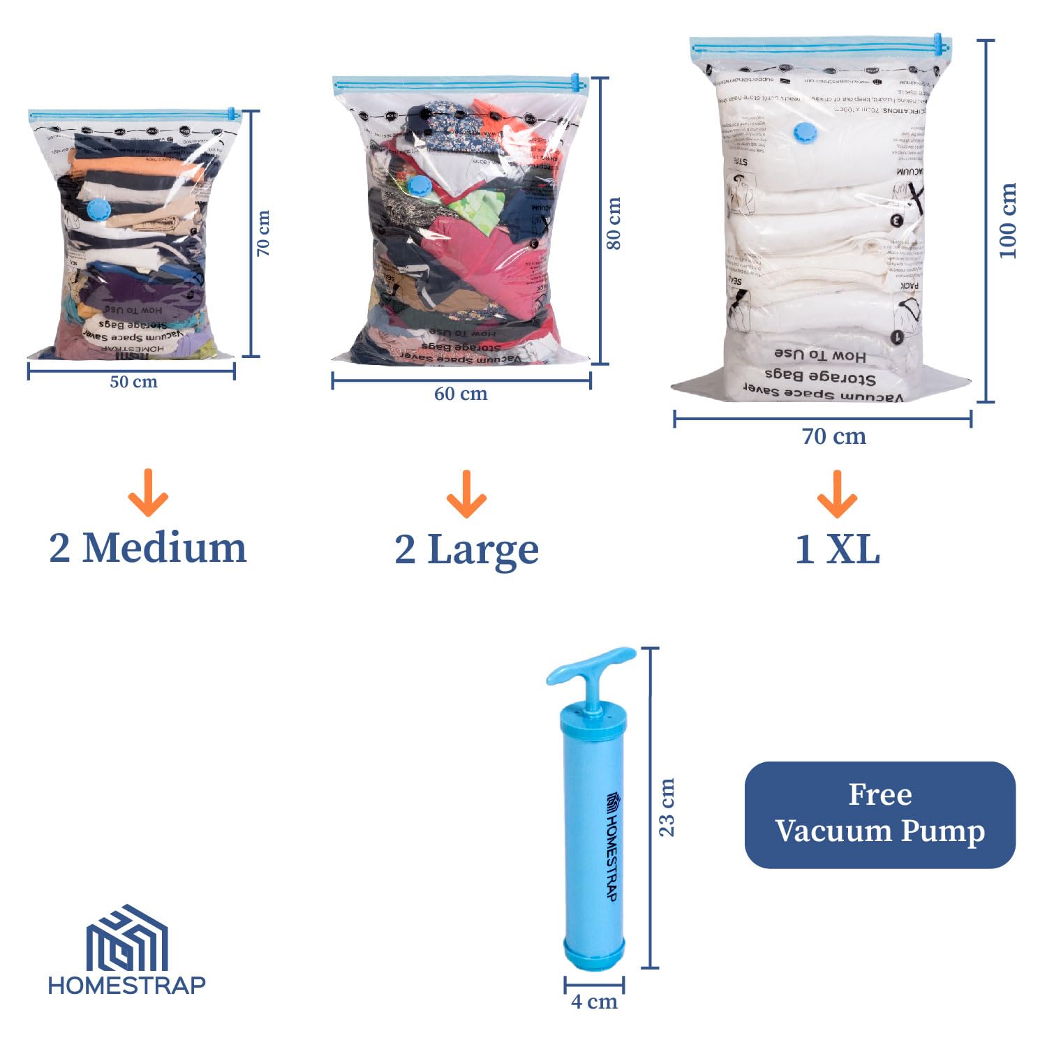 HomeStrap Vacuum Storage Bags with Pump Pack of 5 (Large)| Airtight and Reusable Space Saver Double Ziplock Compression Bags with Vacuum Pump|Creates 4x More Space for Clothes, Winterwear, Blankets