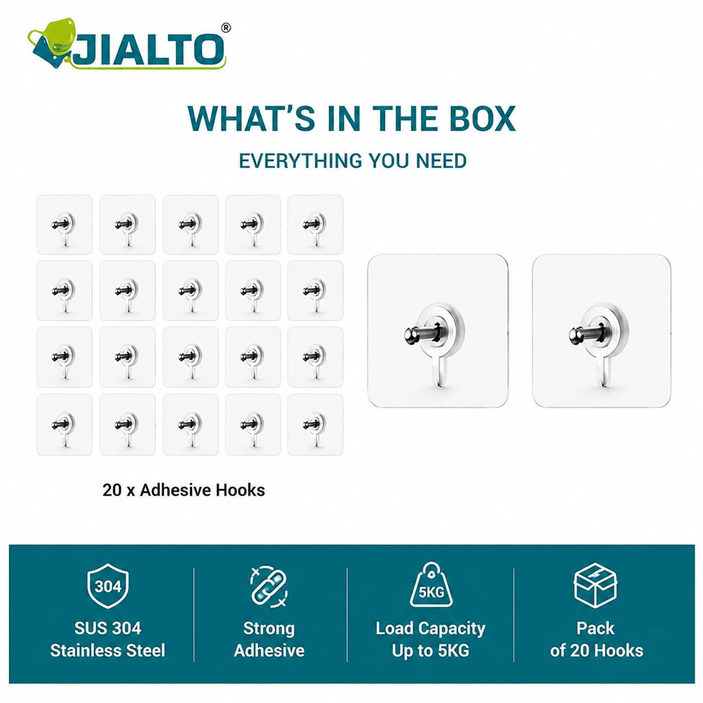 JIALTO Wall Hooks for Hanging Strong, Adhesive Hooks for Wall Heavy Duty, Wall hangings, Kitchen Accessories Items, Sticky Photo Frame Hangers (Pack of 20, Nail Hook)