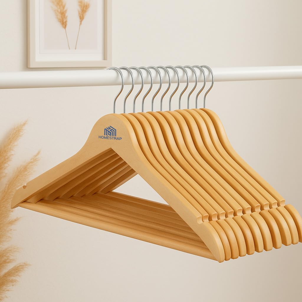 Homestrap Premium Round Bar Wooden Hanger (Pack of 12)| Durable Wooden Garment Hangers with Cut Notches & 360 Degree Swivel Chrome Hook for Hanging Heavy Clothes