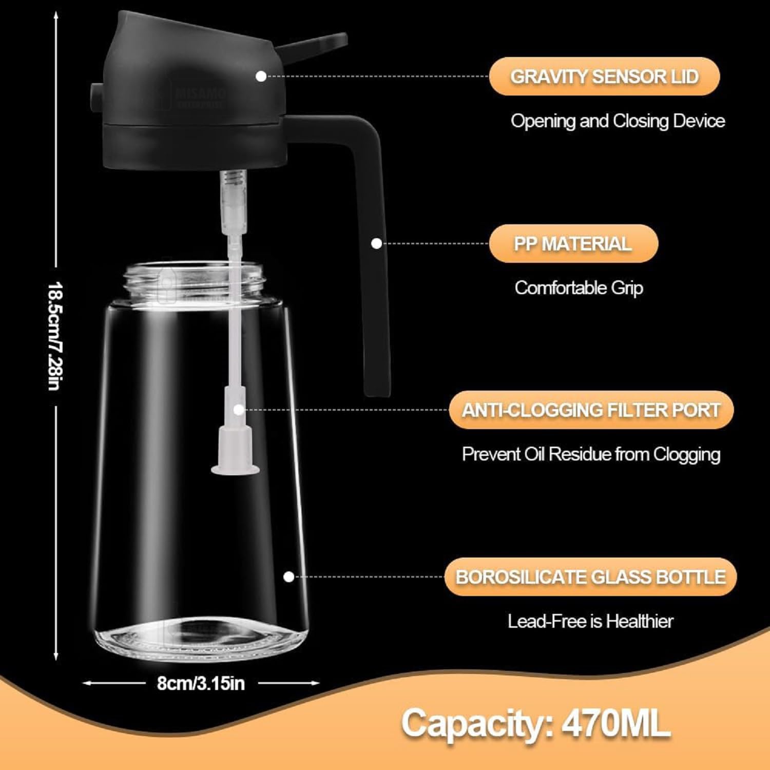 Misamo Enterprise 2-in-1 Glass Oil Dispenser & Sprayer for Cooking, 500ml Olive Oil Spray Bottle with Handle, Fine Mist & Pour Spout, Leak-Proof for Air Fryer, Salad, BBQ & Kitchen (Black)