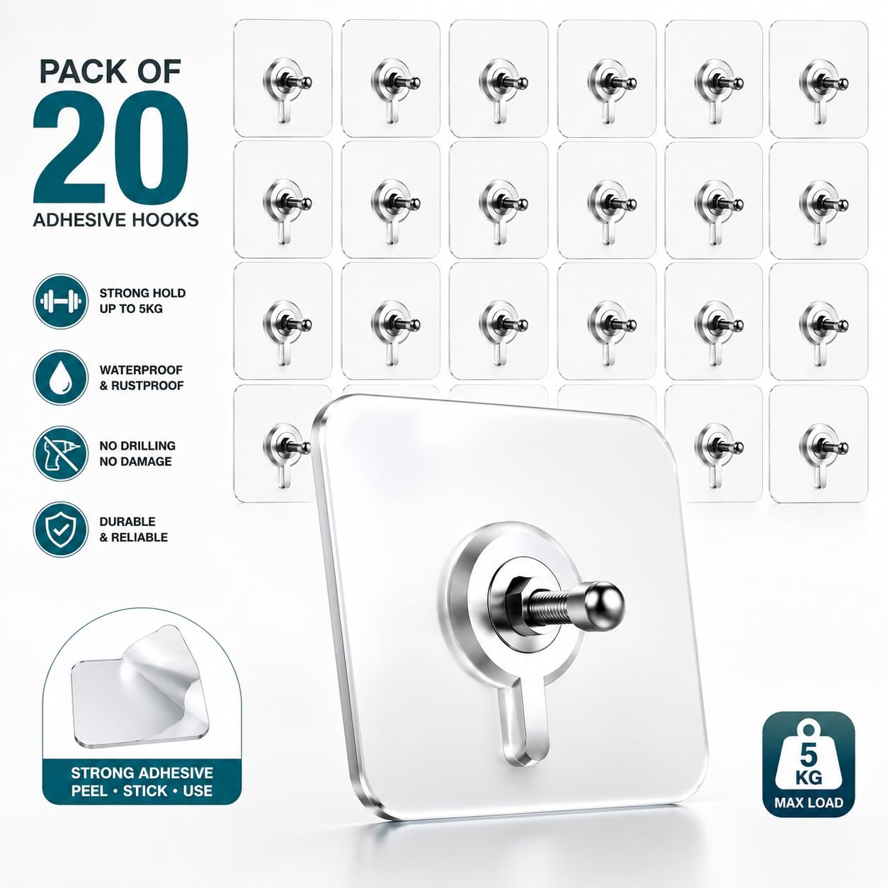 JIALTO Wall Hooks for Hanging Strong, Adhesive Hooks for Wall Heavy Duty, Wall hangings, Kitchen Accessories Items, Sticky Photo Frame Hangers (Pack of 20, Nail Hook)