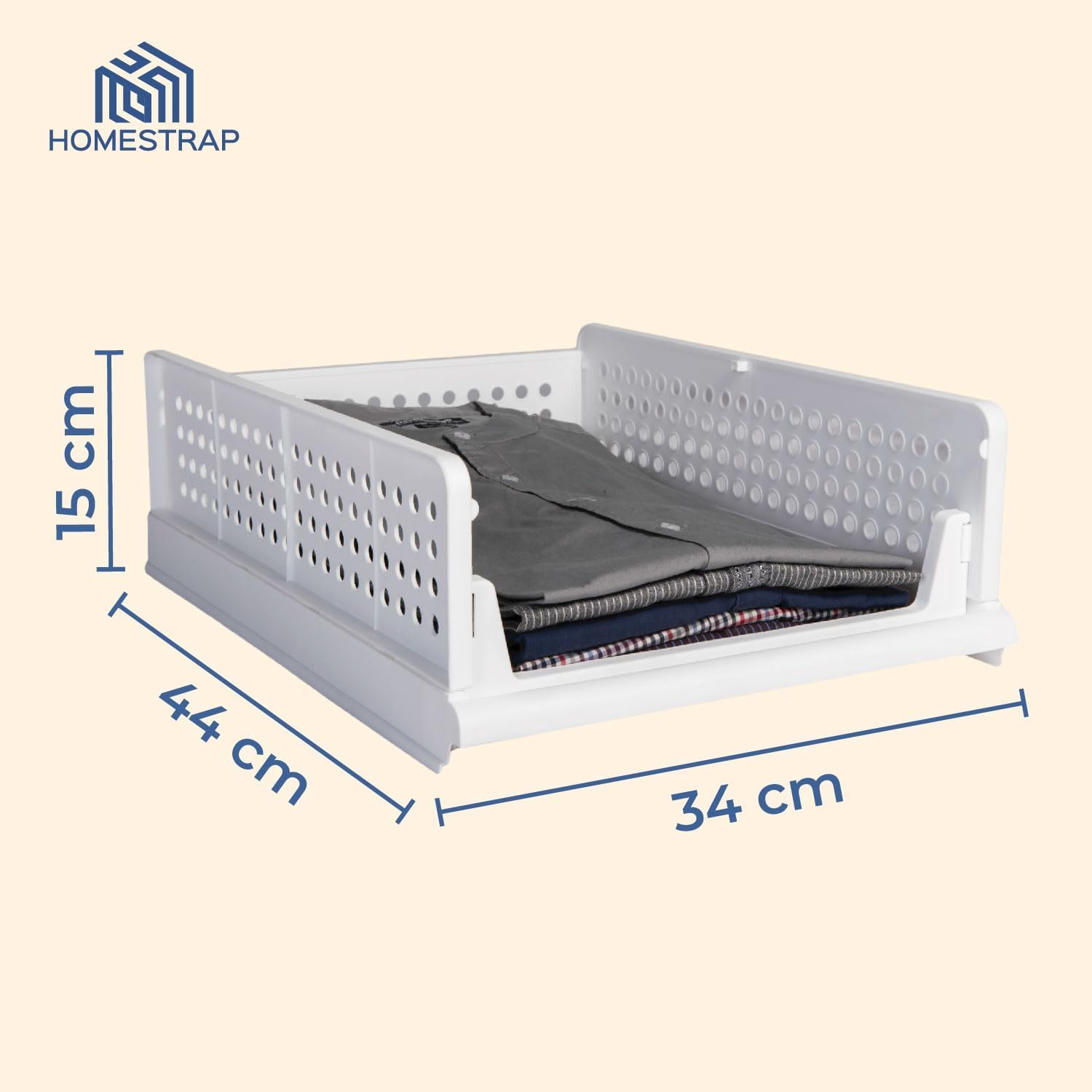 HomeStrap Set of 3, Stack it Up | Large Cloth Stacker | Foldable Shirt Storage Stacker for Wardrobe | Plastic Stackable Closet Organizer | White | 44L x 33W x 19H Centimeters