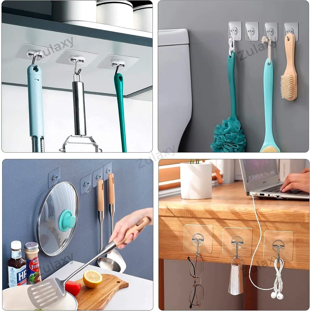 Zulaxy Wall Hanger Hooks for Hanging Clothes Home Kitchen Office Bathroom Bedroom Door, 2 Pack Self Adhesive Strong Hanger Hooks (6 Hooks Hanger, Transparent)