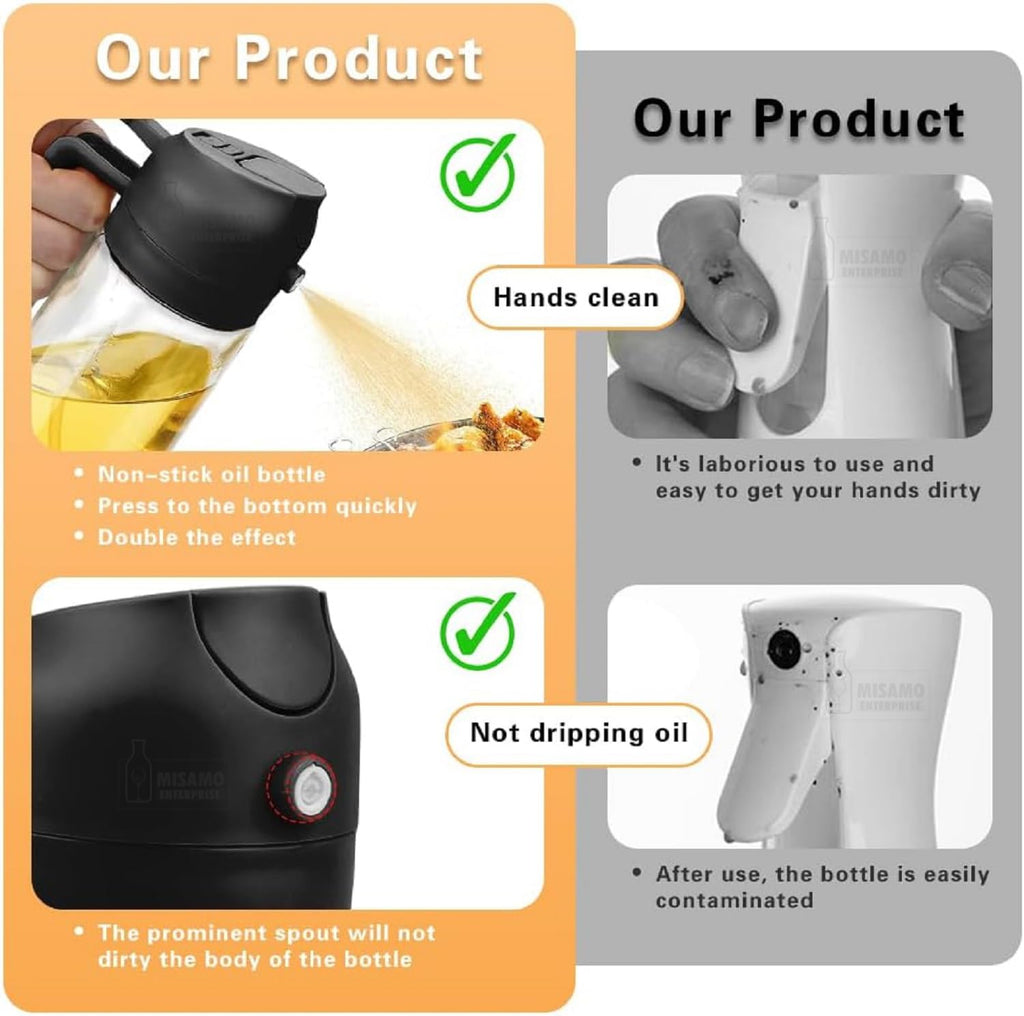 Misamo Enterprise 2-in-1 Glass Oil Dispenser & Sprayer for Cooking, 500ml Olive Oil Spray Bottle with Handle, Fine Mist & Pour Spout, Leak-Proof for Air Fryer, Salad, BBQ & Kitchen (Black)