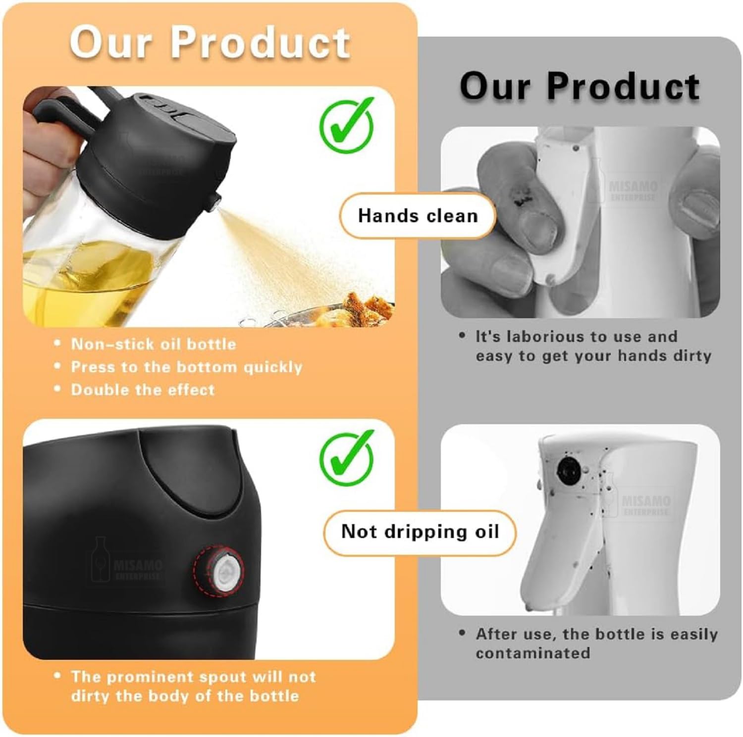 Misamo Enterprise 2-in-1 Glass Oil Dispenser & Sprayer for Cooking, 500ml Olive Oil Spray Bottle with Handle, Fine Mist & Pour Spout, Leak-Proof for Air Fryer, Salad, BBQ & Kitchen (Black)