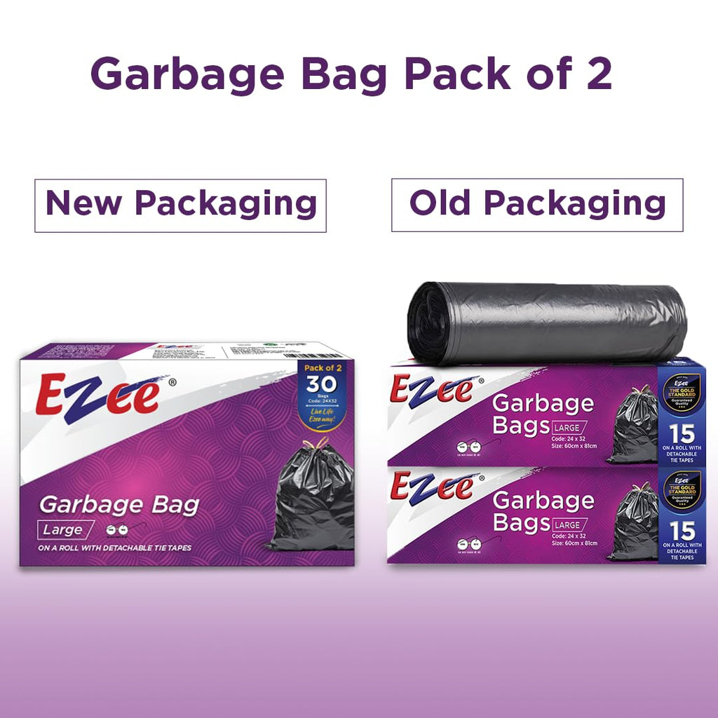 Ezee Garbage Trash Bag for Dustbin | 30 Pieces | Large 24 X 32 Inches I 15 piece x Pack of 2, Disposable plastic, 30 Count, Plastic