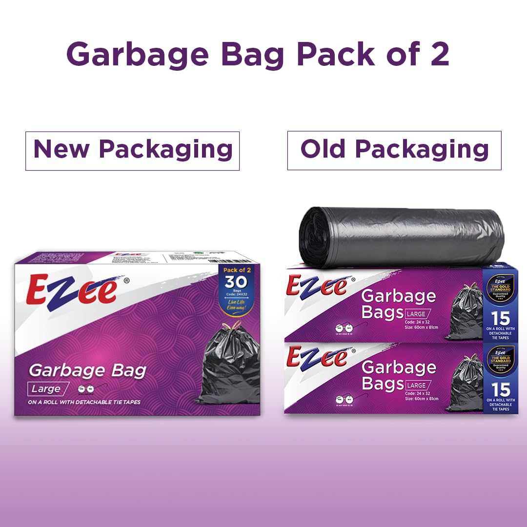 Ezee Garbage Trash Bag for Dustbin | 30 Pieces | Large 24 X 32 Inches I 15 piece x Pack of 2, Disposable plastic, 30 Count, Plastic
