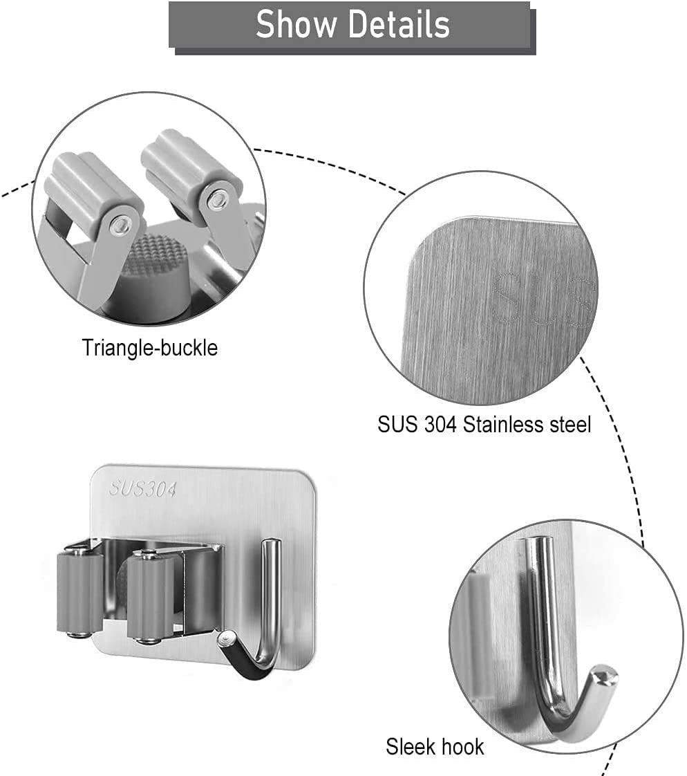JIALTO 2 Pieces Stainless Steel Broom Holder with Hook - Wall-Mounted Adhesive Waterproof Rustproof Heavy Duty Broom and Mop Stick Holder for Home, Kitchen,