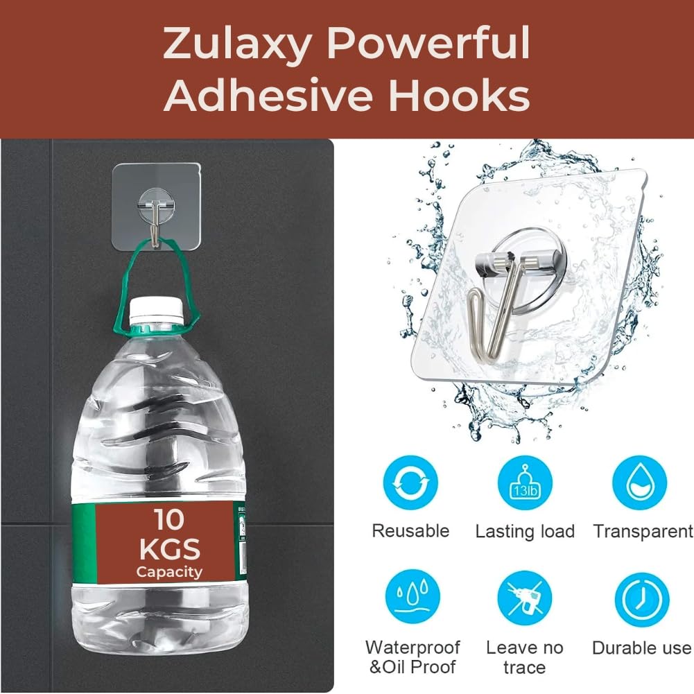 Zulaxy Wall Hanger Hooks for Hanging Clothes Home Kitchen Office Bathroom Bedroom Door, 2 Pack Self Adhesive Strong Hanger Hooks (6 Hooks Hanger, Transparent)