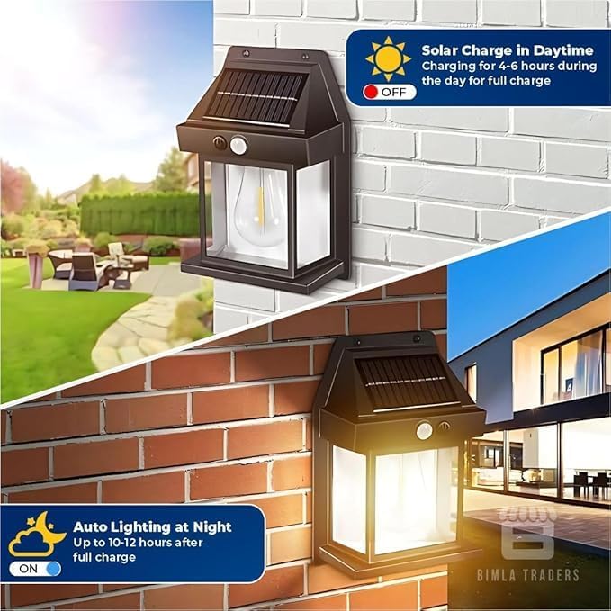 Btag Sun-Powered Wall Light Outdoor with Motion Sensor – Waterproof Exterior LED Sconce Lamp, Auto Charging Security Light for Porch, Patio, Garden, Pathway & Yard Lighting. PO1 (SL002_Warm Yellow)