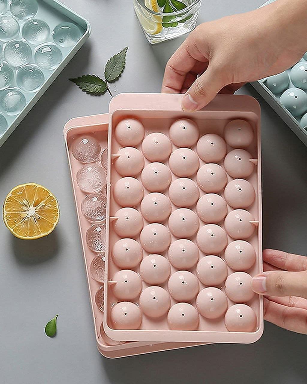 Clazkit Plastic Mini Round Ice Cube Tray with Lid Ball Maker for Fresh Juice, Mocktails, Whiskey, Cocktails, Tea & Coffee 33 Cavity, Easy Release Stackable in Freezer Pack of 2, Blue,Pink