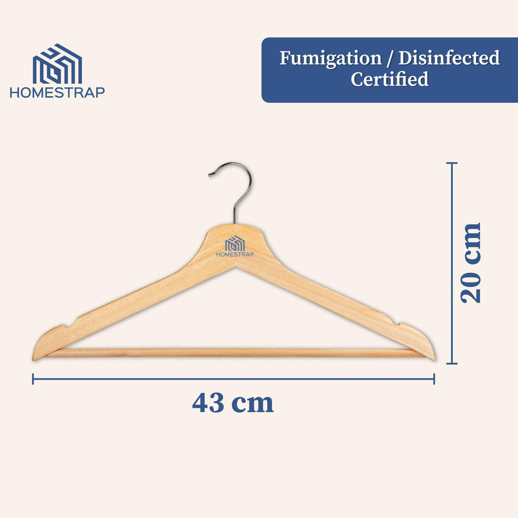 Homestrap Premium Round Bar Wooden Hanger (Pack of 12)| Durable Wooden Garment Hangers with Cut Notches & 360 Degree Swivel Chrome Hook for Hanging Heavy Clothes