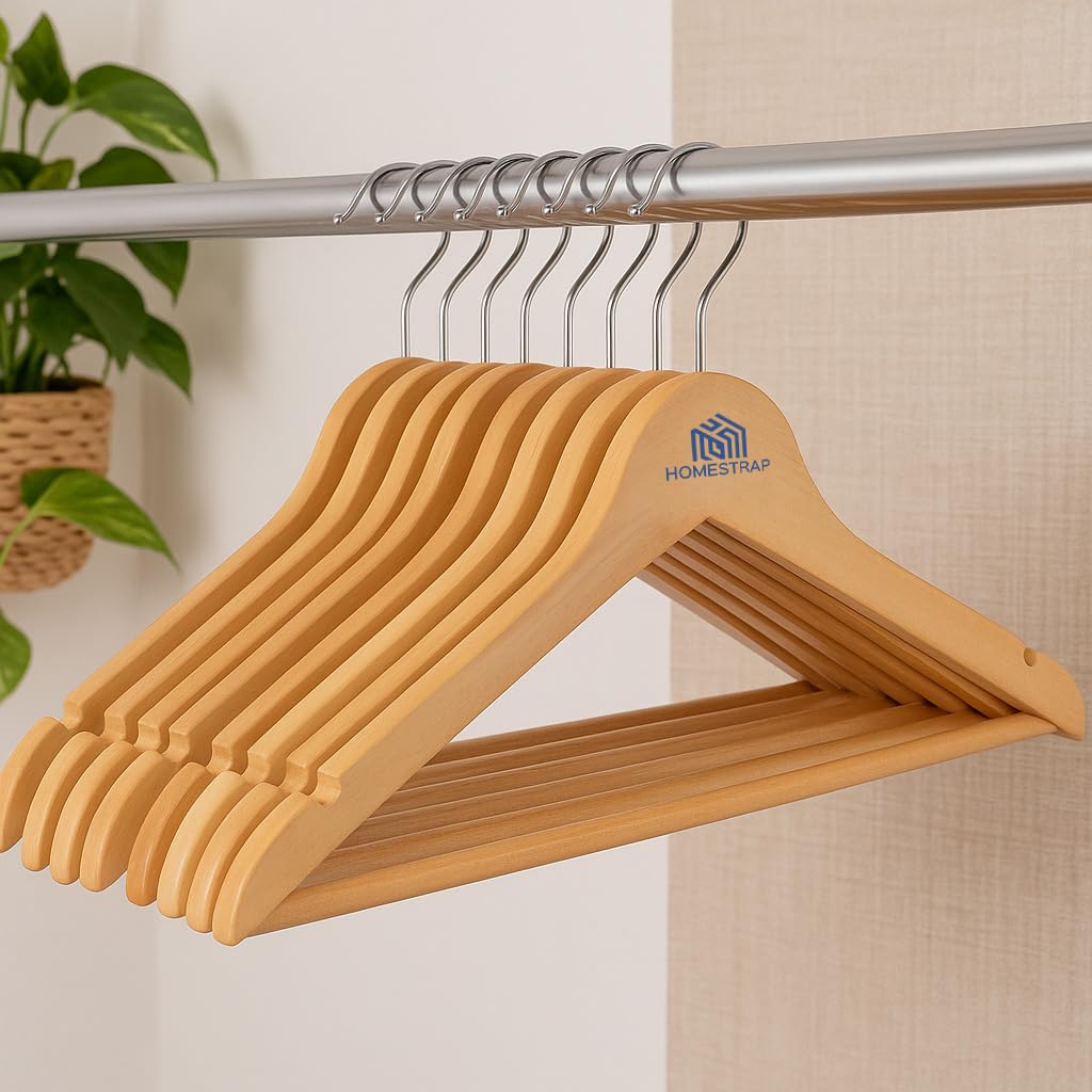 Homestrap Premium Round Bar Wooden Hanger (Pack of 12)| Durable Wooden Garment Hangers with Cut Notches & 360 Degree Swivel Chrome Hook for Hanging Heavy Clothes
