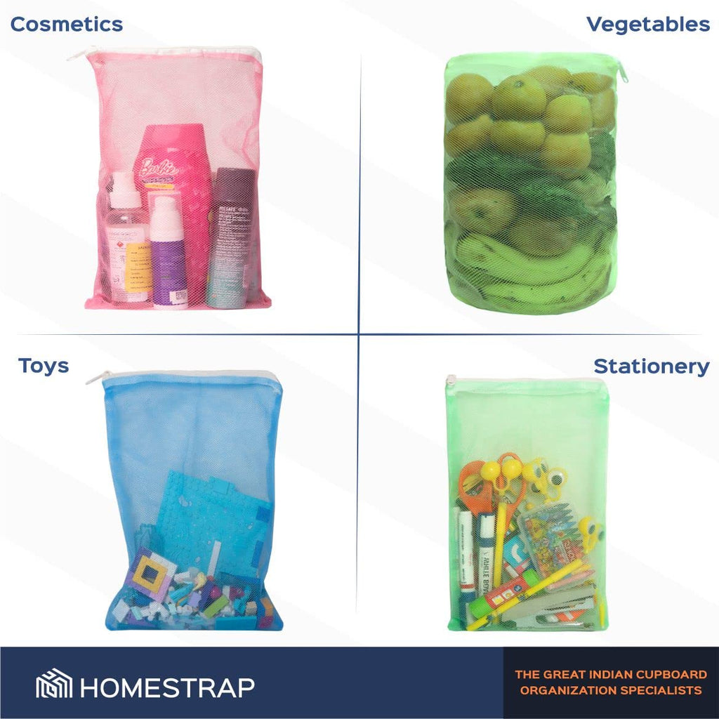 HomeStrap Reusable Mesh Fridge Storage Zipper Bags For Fruits And Vegetables(Multicolour, Standard) - Set of 12