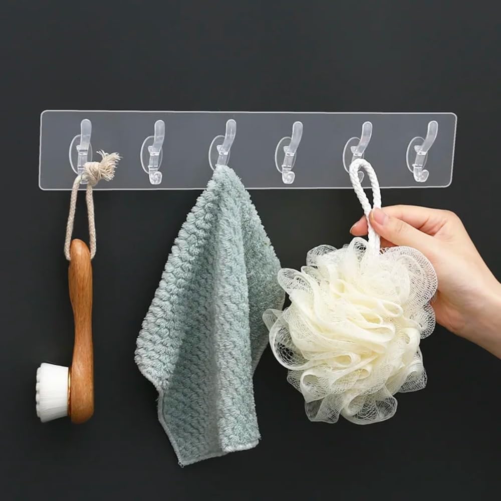 Zulaxy Wall Hanger Hooks for Hanging Clothes Home Kitchen Office Bathroom Bedroom Door, 2 Pack Self Adhesive Strong Hanger Hooks (6 Hooks Hanger, Transparent)
