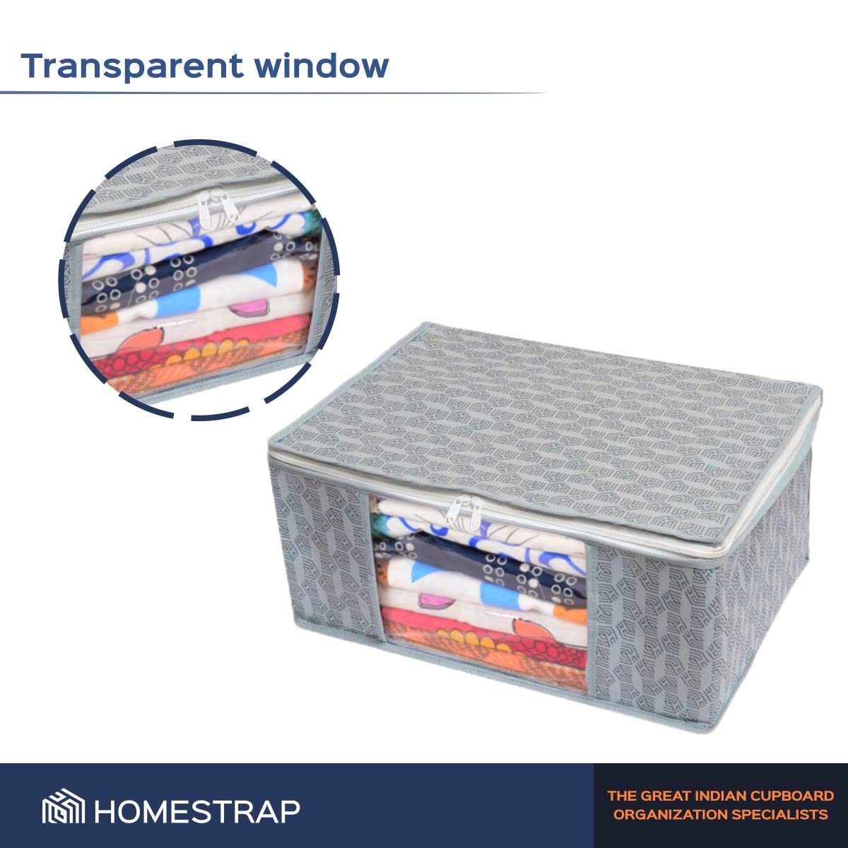Homestrap Set of 6 Non-Woven Printed Saree Cover/Cloth Storage/Wardrobe Organizer For Clothes with Transparent Window (Grey)(Shark Tank Featured) 45cmx33cmx22cm