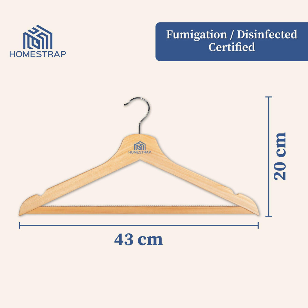 Homestrap Premium Round Bar Wooden Hanger (Pack of 12)| Durable Wooden Garment Hangers with Cut Notches & 360 Degree Swivel Chrome Hook for Hanging Heavy Clothes
