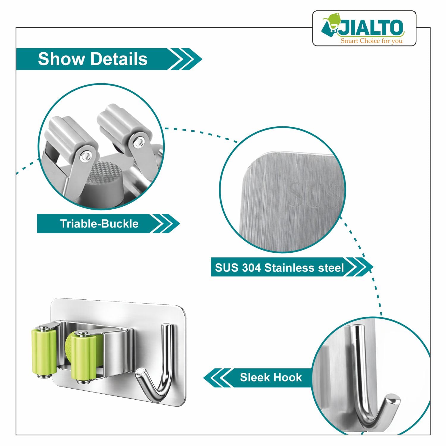 JIALTO 2 Pieces Stainless Steel Broom Holder with Hook - Wall-Mounted Adhesive Waterproof Rustproof Heavy Duty Broom and Mop Stick Holder for Home, Kitchen,