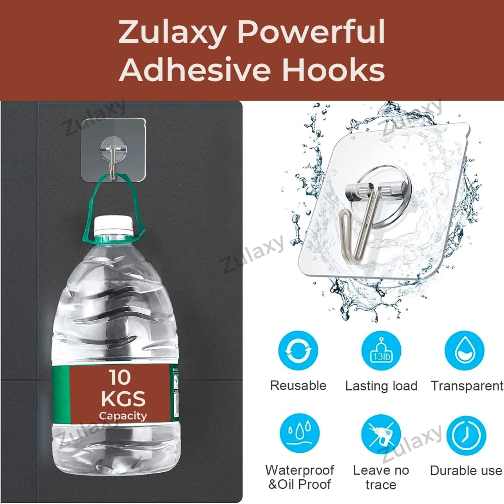 Zulaxy Wall Hanger Hooks for Hanging Clothes Home Kitchen Office Bathroom Bedroom Door, 2 Pack Self Adhesive Strong Hanger Hooks (6 Hooks Hanger, Transparent)