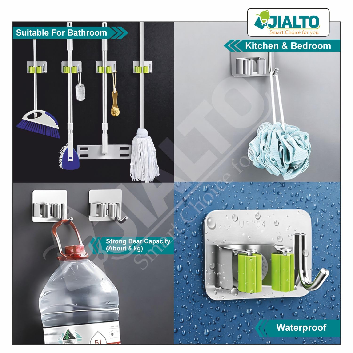 JIALTO 2 Pieces Stainless Steel Broom Holder with Hook - Wall-Mounted Adhesive Waterproof Rustproof Heavy Duty Broom and Mop Stick Holder for Home, Kitchen,