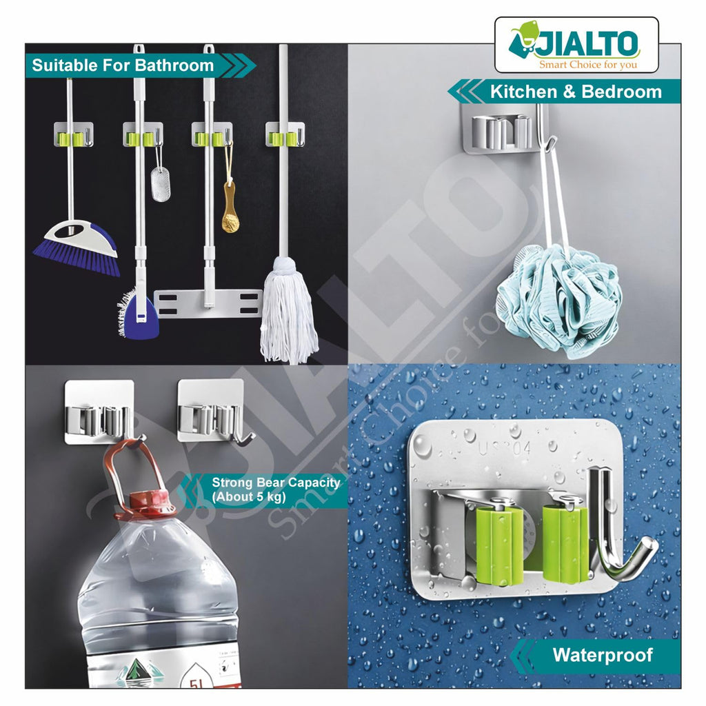 JIALTO 2 Pieces Stainless Steel Broom Holder with Hook - Wall-Mounted Adhesive Waterproof Rustproof Heavy Duty Broom and Mop Stick Holder for Home, Kitchen,