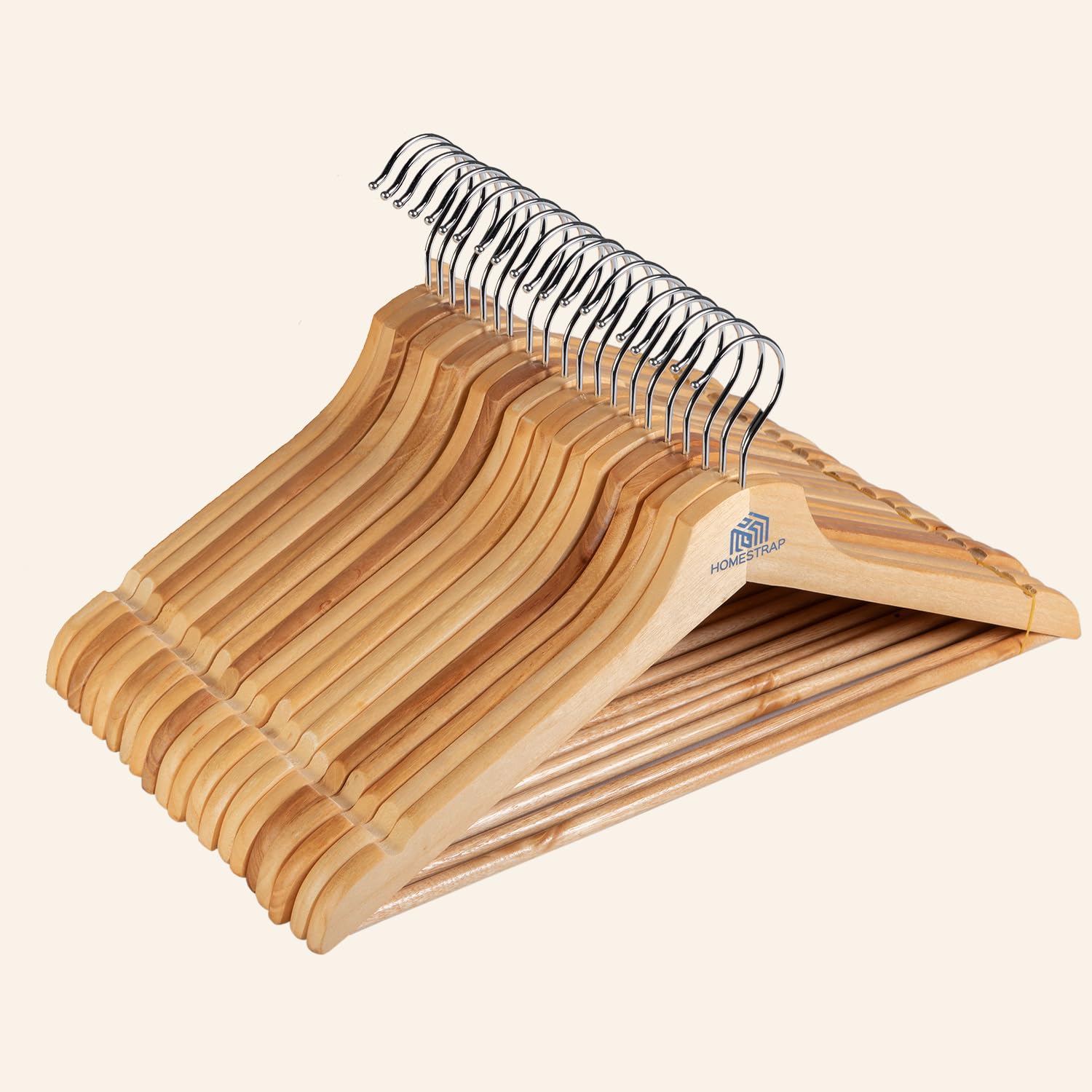 Homestrap Premium Round Bar Wooden Hanger (Pack of 12)| Durable Wooden Garment Hangers with Cut Notches & 360 Degree Swivel Chrome Hook for Hanging Heavy Clothes
