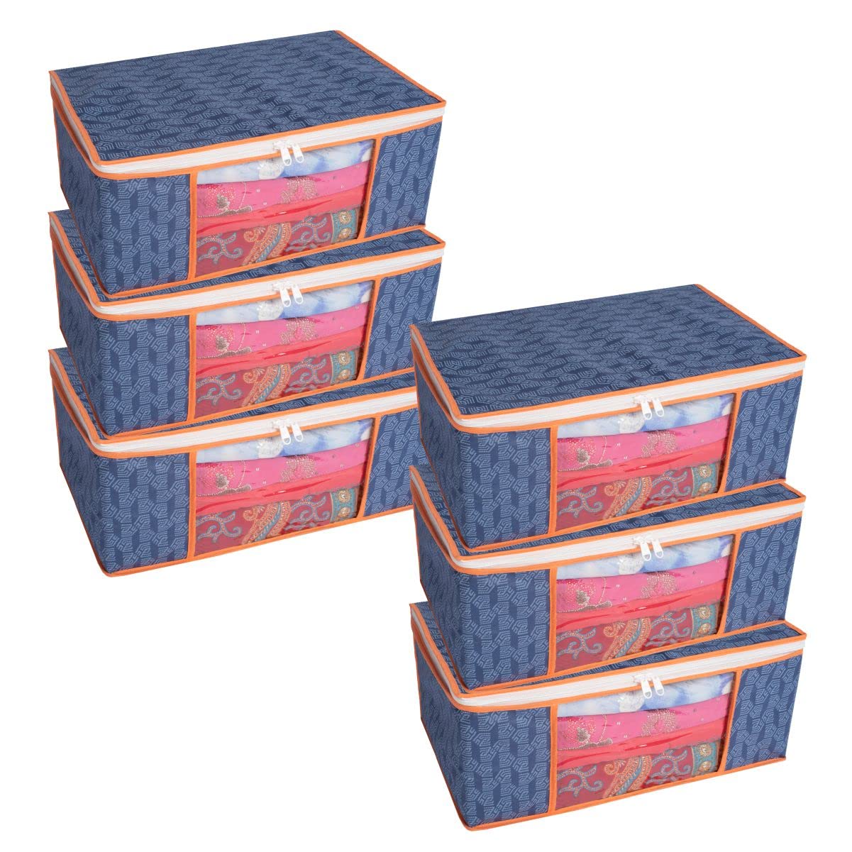 Homestrap Set of 6 Non-Woven Printed Saree Cover/Cloth Storage/Wardrobe Organizer For Clothes with Transparent Window (Grey)(Shark Tank Featured) 45cmx33cmx22cm