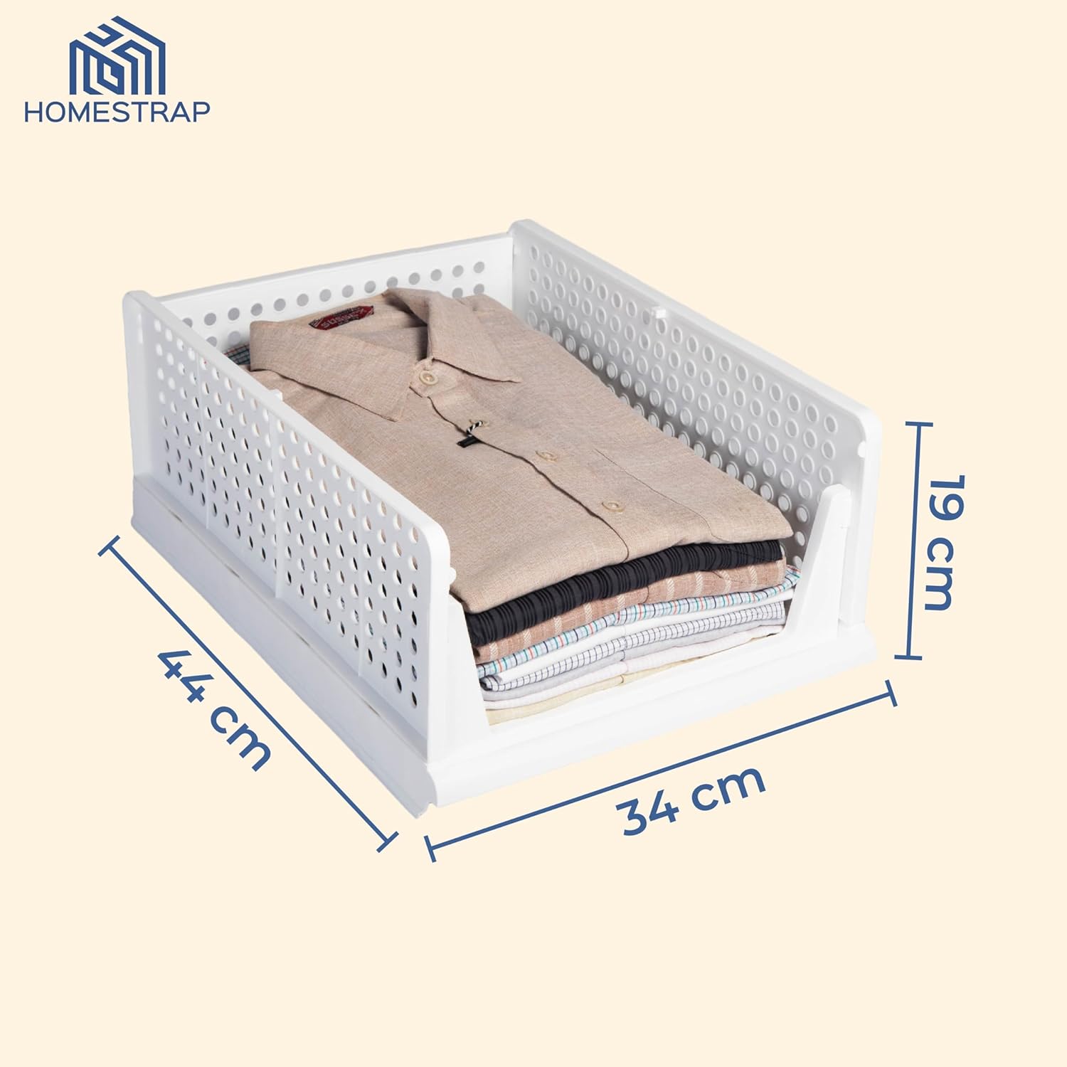 HomeStrap Set of 3, Stack it Up | Large Cloth Stacker | Foldable Shirt Storage Stacker for Wardrobe | Plastic Stackable Closet Organizer | White | 44L x 33W x 19H Centimeters