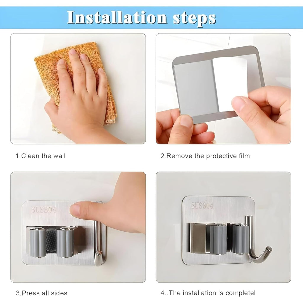 JIALTO 2 Pieces Stainless Steel Broom Holder with Hook - Wall-Mounted Adhesive Waterproof Rustproof Heavy Duty Broom and Mop Stick Holder for Home, Kitchen,