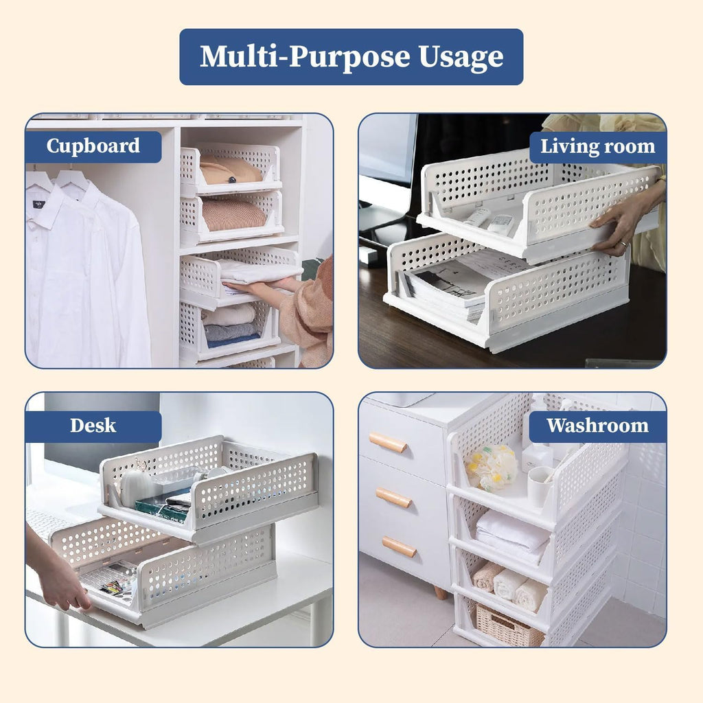 HomeStrap Set of 3, Stack it Up | Large Cloth Stacker | Foldable Shirt Storage Stacker for Wardrobe | Plastic Stackable Closet Organizer | White | 44L x 33W x 19H Centimeters