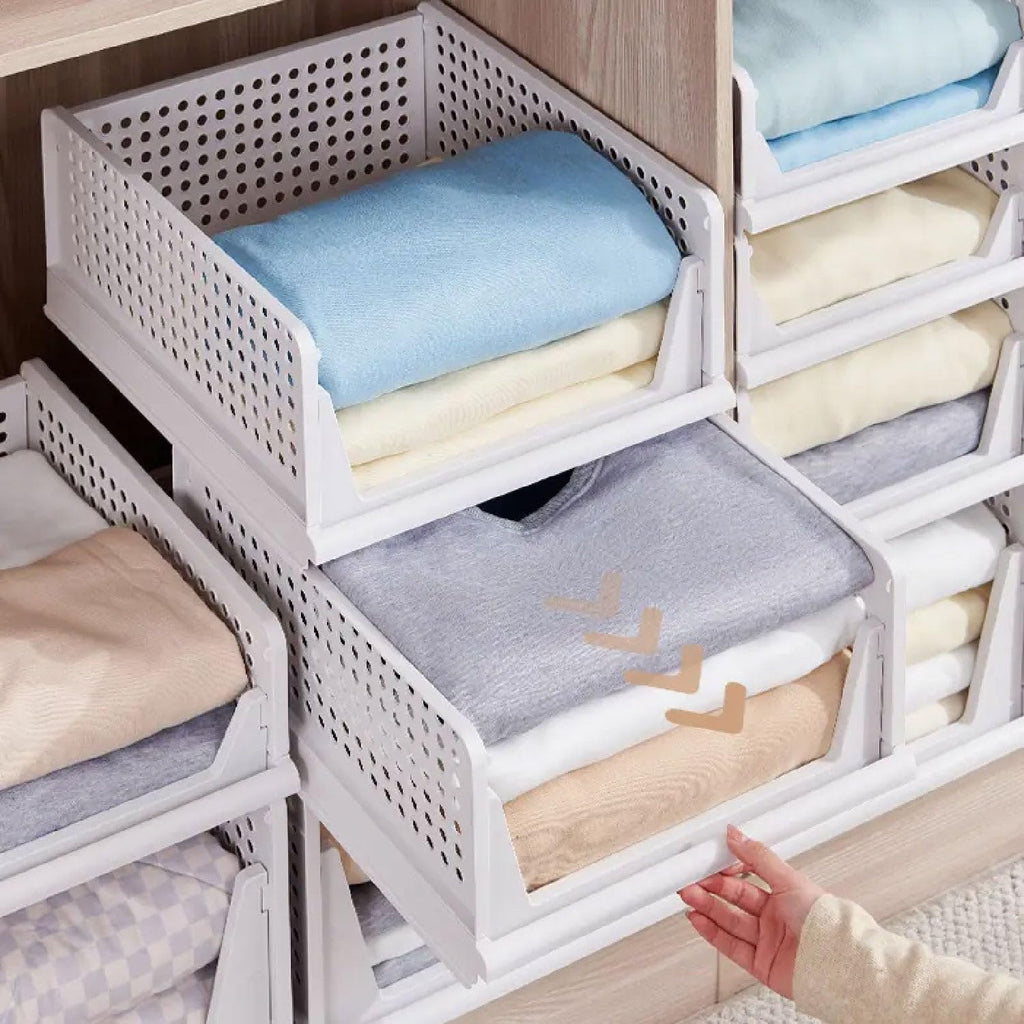 HomeStrap Set of 3, Stack it Up | Large Cloth Stacker | Foldable Shirt Storage Stacker for Wardrobe | Plastic Stackable Closet Organizer | White | 44L x 33W x 19H Centimeters