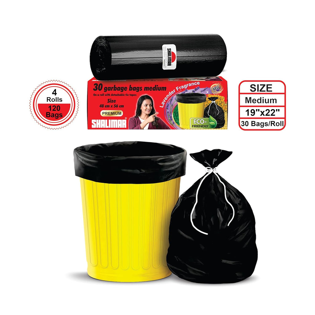 Shalimar Premium (Lavender Fragrance) Scented Garbage Bags | Medium 19 X 21 Inches | 120 Bags (30 Bags X 4 Rolls) | Dustbin Bag/Trash Bag | (Black) - Perforated Box for Easy Dispensing