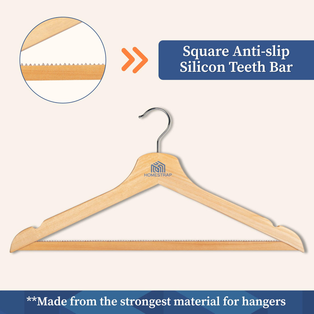 Homestrap Premium Round Bar Wooden Hanger (Pack of 12)| Durable Wooden Garment Hangers with Cut Notches & 360 Degree Swivel Chrome Hook for Hanging Heavy Clothes