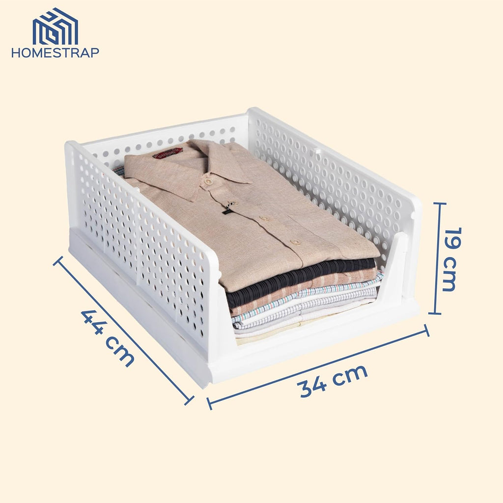 HomeStrap Set of 3, Stack it Up | Large Cloth Stacker | Foldable Shirt Storage Stacker for Wardrobe | Plastic Stackable Closet Organizer | White | 44L x 33W x 19H Centimeters