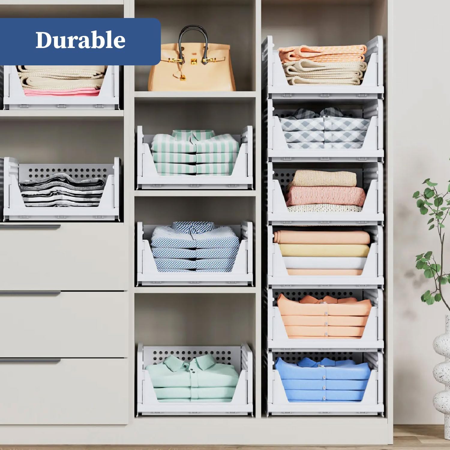 HomeStrap Set of 3, Stack it Up | Large Cloth Stacker | Foldable Shirt Storage Stacker for Wardrobe | Plastic Stackable Closet Organizer | White | 44L x 33W x 19H Centimeters