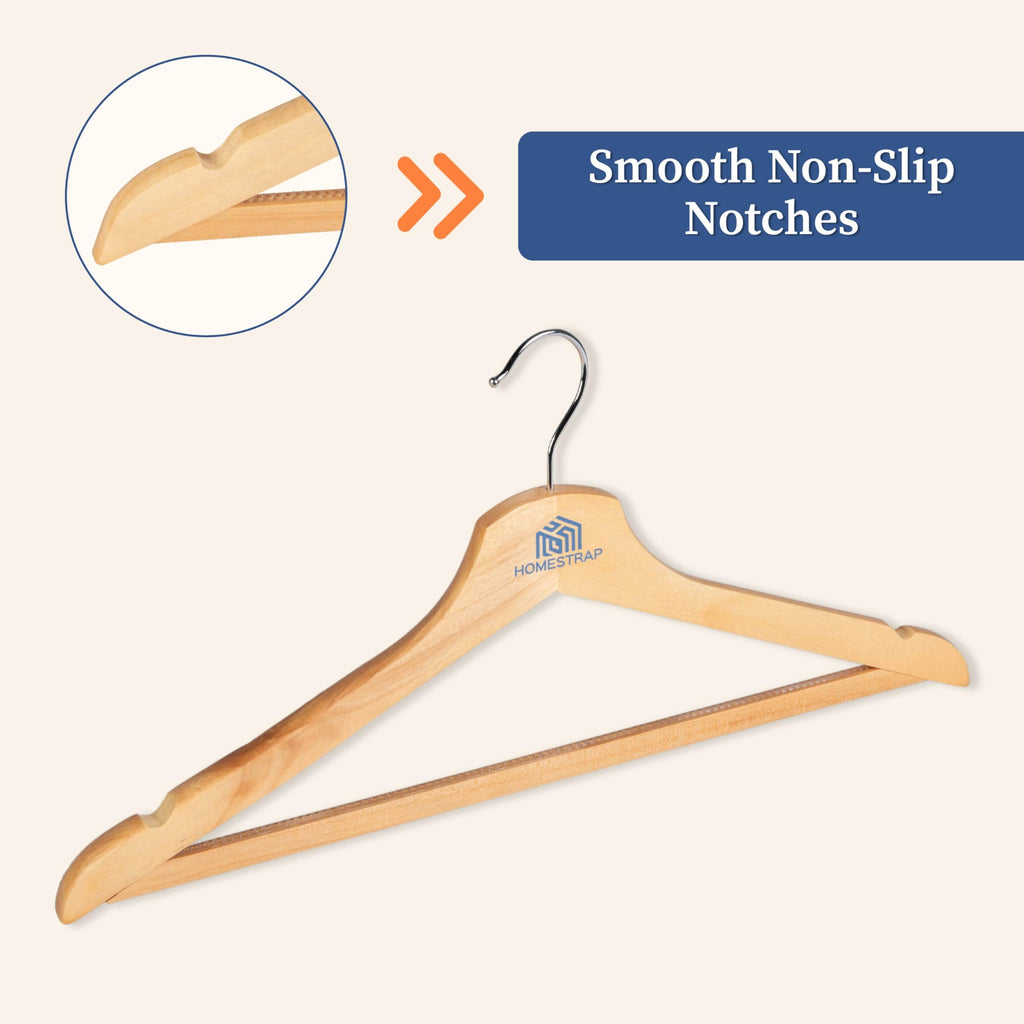 Homestrap Premium Round Bar Wooden Hanger (Pack of 12)| Durable Wooden Garment Hangers with Cut Notches & 360 Degree Swivel Chrome Hook for Hanging Heavy Clothes