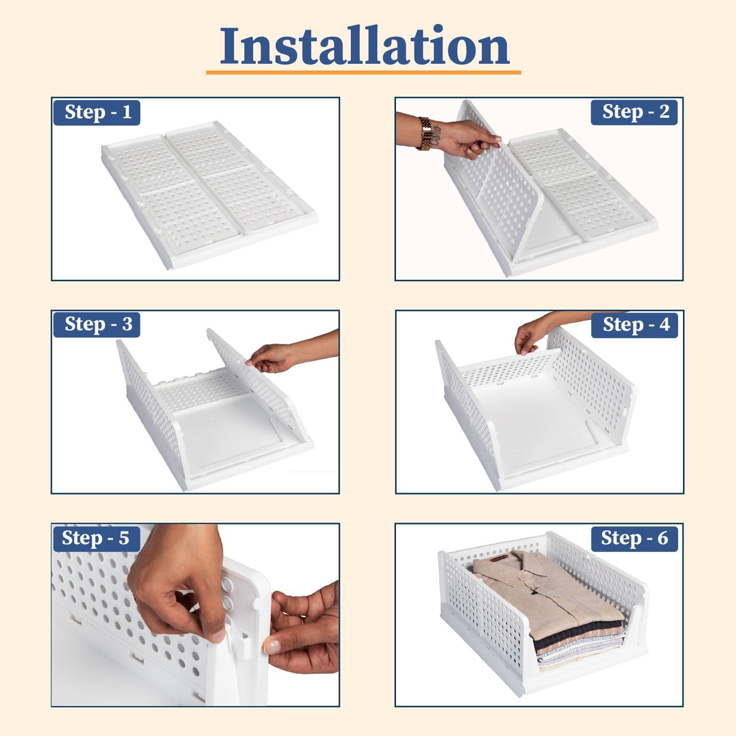 HomeStrap Set of 3, Stack it Up | Large Cloth Stacker | Foldable Shirt Storage Stacker for Wardrobe | Plastic Stackable Closet Organizer | White | 44L x 33W x 19H Centimeters