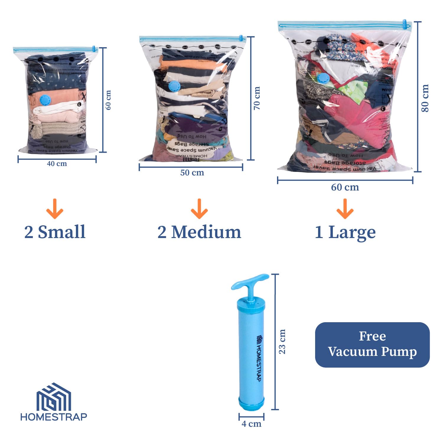 HomeStrap Vacuum Storage Bags with Pump Pack of 5 (Large)| Airtight and Reusable Space Saver Double Ziplock Compression Bags with Vacuum Pump|Creates 4x More Space for Clothes, Winterwear, Blankets