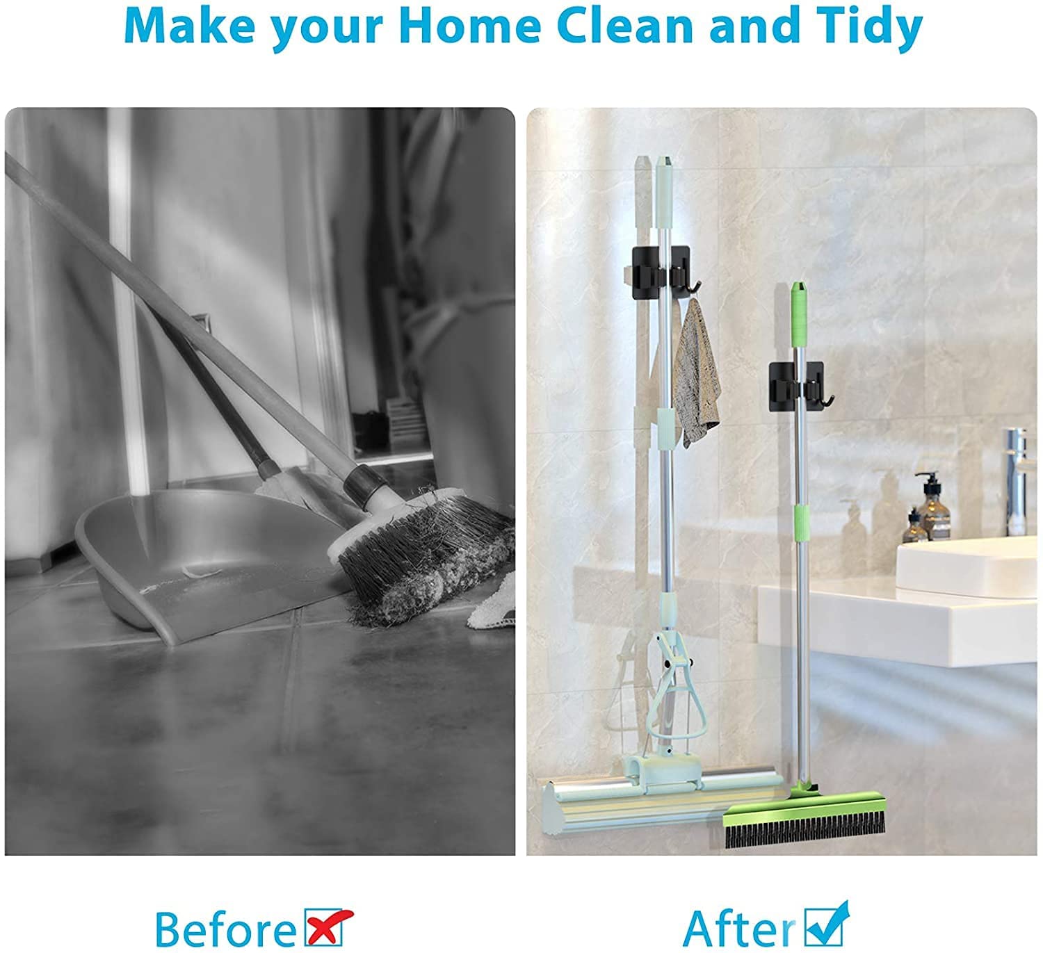 JIALTO 2 Pieces Stainless Steel Broom Holder with Hook - Wall-Mounted Adhesive Waterproof Rustproof Heavy Duty Broom and Mop Stick Holder for Home, Kitchen,