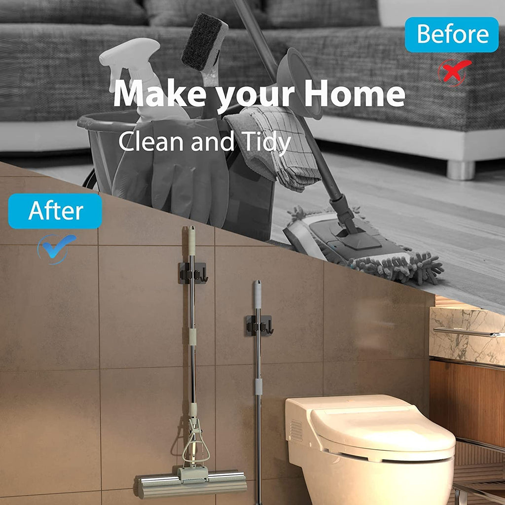 JIALTO 2 Pieces Stainless Steel Broom Holder with Hook - Wall-Mounted Adhesive Waterproof Rustproof Heavy Duty Broom and Mop Stick Holder for Home, Kitchen,
