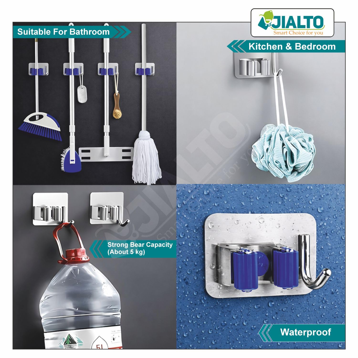 JIALTO 2 Pieces Stainless Steel Broom Holder with Hook - Wall-Mounted Adhesive Waterproof Rustproof Heavy Duty Broom and Mop Stick Holder for Home, Kitchen,