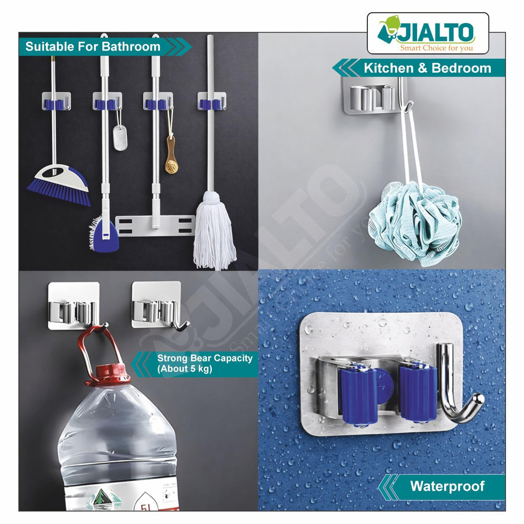JIALTO 2 Pieces Stainless Steel Broom Holder with Hook - Wall-Mounted Adhesive Waterproof Rustproof Heavy Duty Broom and Mop Stick Holder for Home, Kitchen,