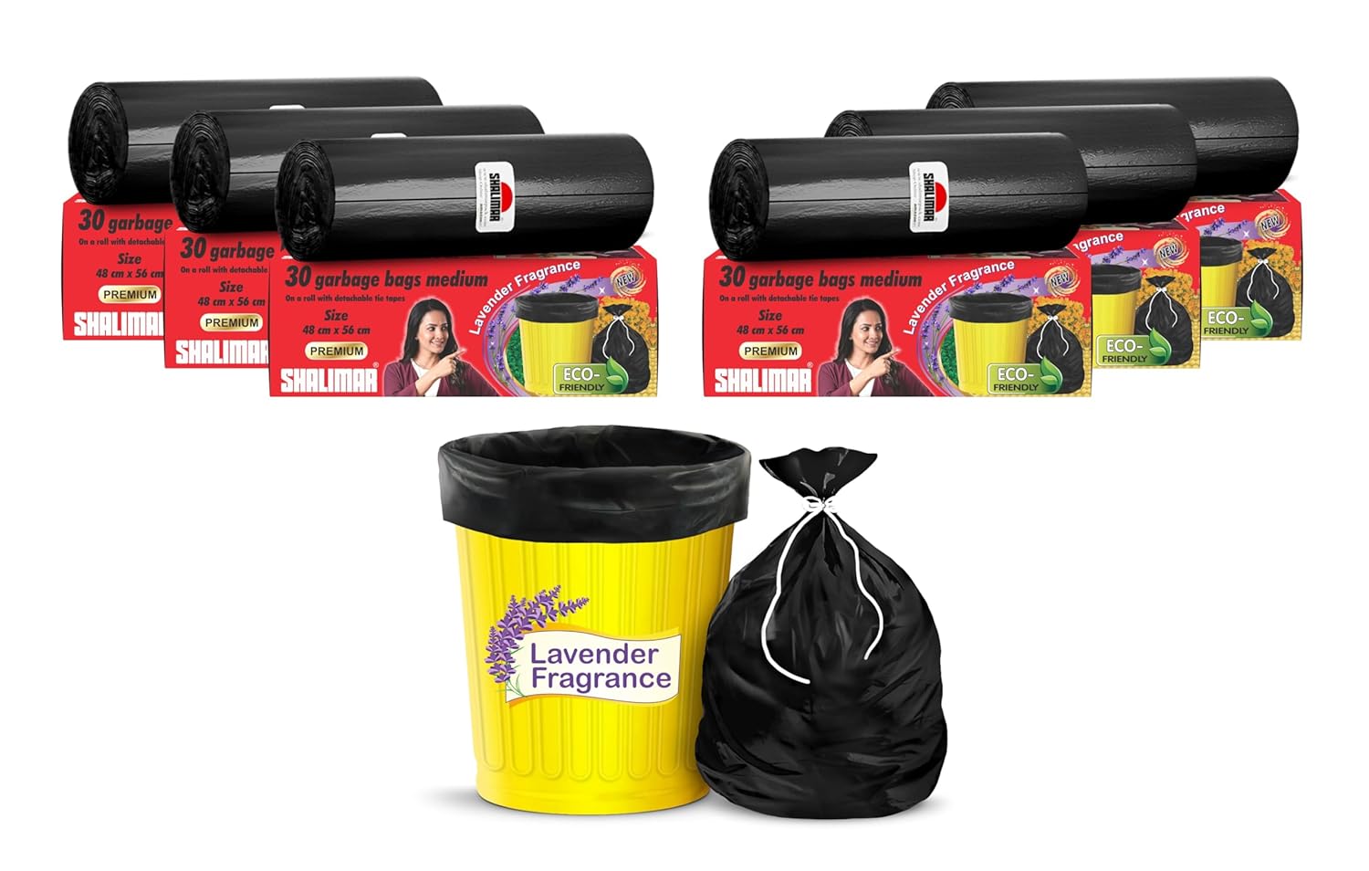 Shalimar Premium (Lavender Fragrance) Scented Garbage Bags | Medium 19 X 21 Inches | 180 Bags (30 Bags X 6 Rolls) | Dustbin Bag/Trash Bag | (Black) - Perforated Box for Easy Dispensing
