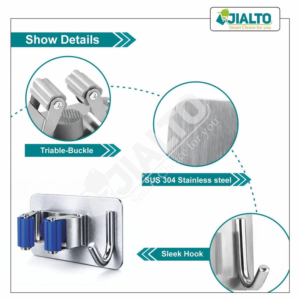 JIALTO 2 Pieces Stainless Steel Broom Holder with Hook - Wall-Mounted Adhesive Waterproof Rustproof Heavy Duty Broom and Mop Stick Holder for Home, Kitchen,