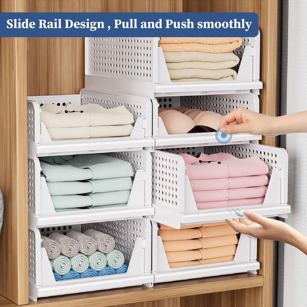 HomeStrap Set of 3, Stack it Up | Large Cloth Stacker | Foldable Shirt Storage Stacker for Wardrobe | Plastic Stackable Closet Organizer | White | 44L x 33W x 19H Centimeters
