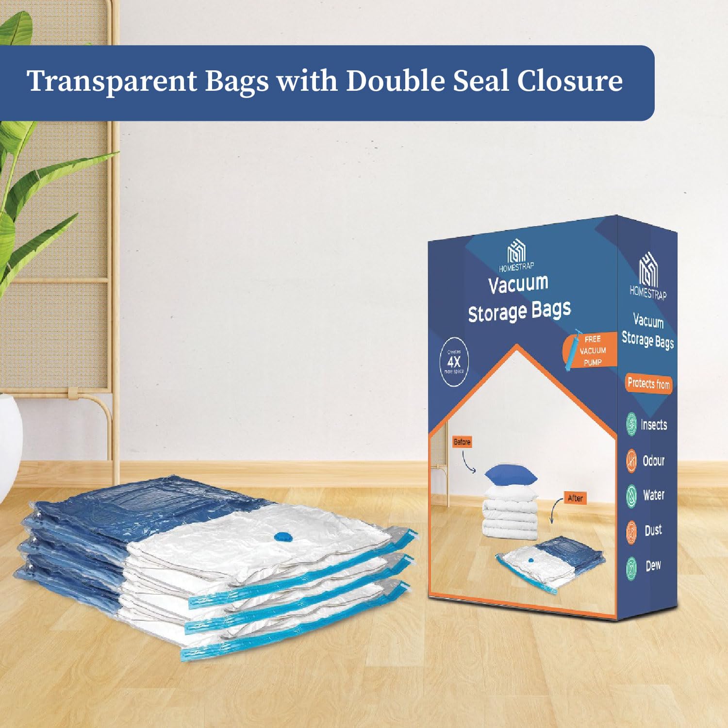 HomeStrap Vacuum Storage Bags with Pump Pack of 5 (Large)| Airtight and Reusable Space Saver Double Ziplock Compression Bags with Vacuum Pump|Creates 4x More Space for Clothes, Winterwear, Blankets