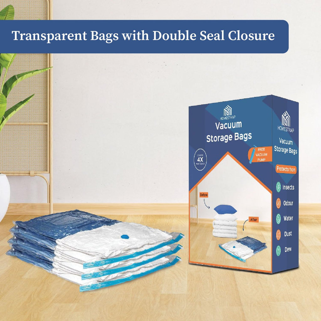 HomeStrap Vacuum Storage Bags with Pump Pack of 5 (Large)| Airtight and Reusable Space Saver Double Ziplock Compression Bags with Vacuum Pump|Creates 4x More Space for Clothes, Winterwear, Blankets